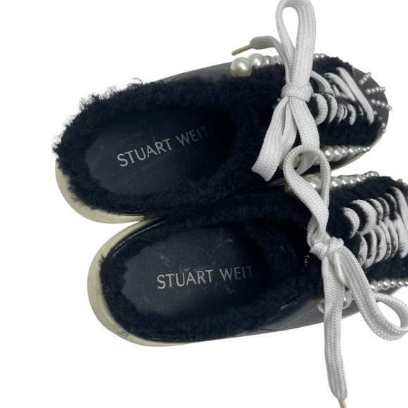 Stuart Weitzman Goldie Embellished Leather Backless Sneakers - Black - Size 7 - Picture 5 of 8